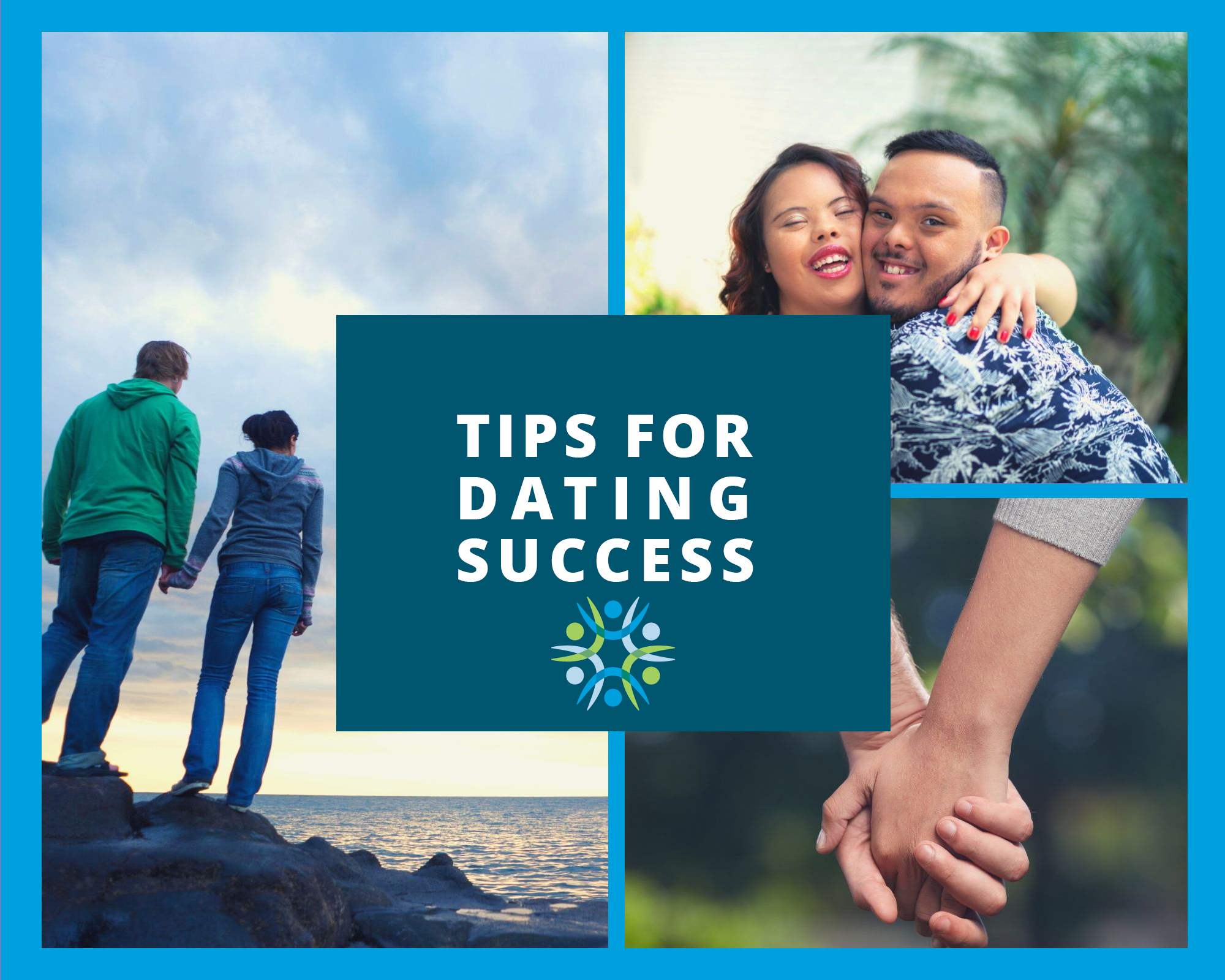 Three pictures appear; a couple holding hands, another couple huggin, and another with hands clasped. A box in the middle says, &quot;Tips for dating success.&quot;