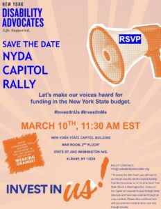 NYDA rally flyer March 10, 2026 at 11:30am NY State capitol building war room